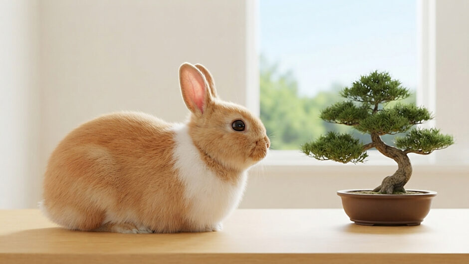 明るい窓辺の机で、松の盆栽のそばに香箱座りするうさぎのきなこ（AML資格とキャリア・転職）