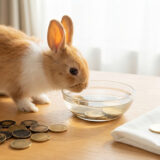 木のテーブルの上で、黒ずんだ金貨が水で洗われて輝きを取り戻していく3段階を、のぞき込むうさぎのきなこ（第1章 金融犯罪）