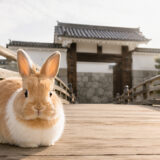 日本の城の木の反り橋の上で、こちらを見つめるうさぎのきなこ（第3章 国内法規制）
