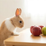 テーブルのふちに前足をかけて立ち上がり、赤いりんごの中の1つだけ違う青りんごを見つめるうさぎのきなこ（第7章 疑わしい取引）