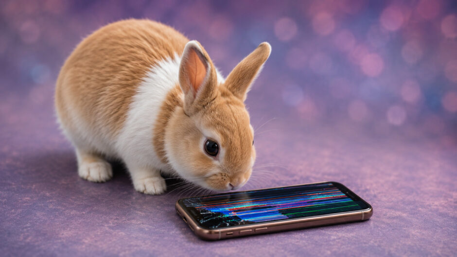 画面の割れたスマートフォンをのぞき込むうさぎ