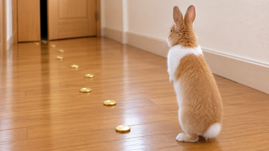 廊下に点々と落ちた金貨の道の先に、わずかに開いた暗い扉。手前で立ち上がって見つめるうさぎの後ろ姿