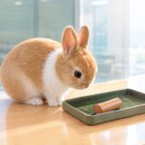 銀行の窓口カウンターで、印鑑と朱肉の乗ったトレーをのぞき込むうさぎ